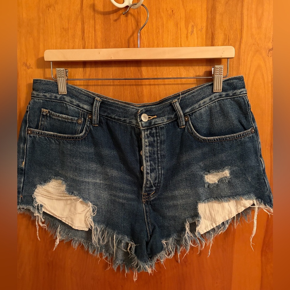 We The Free Blue Distressed Dark Jean Shorts